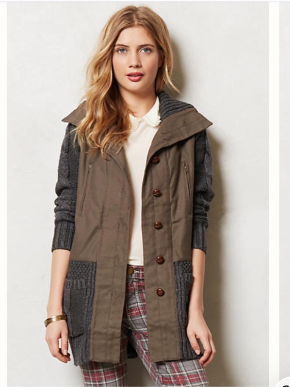 Anthropologie Hei Hei Dorsey Sweater Jacket Olive Green Mixed-Media Coat